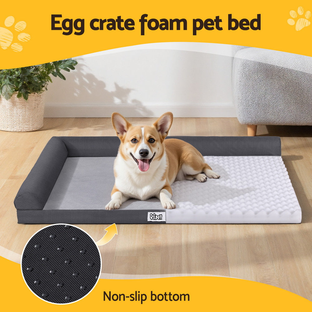 Calming Sofa Dog Bed — Egg-Crate Foam with Bolster, Large (Grey)