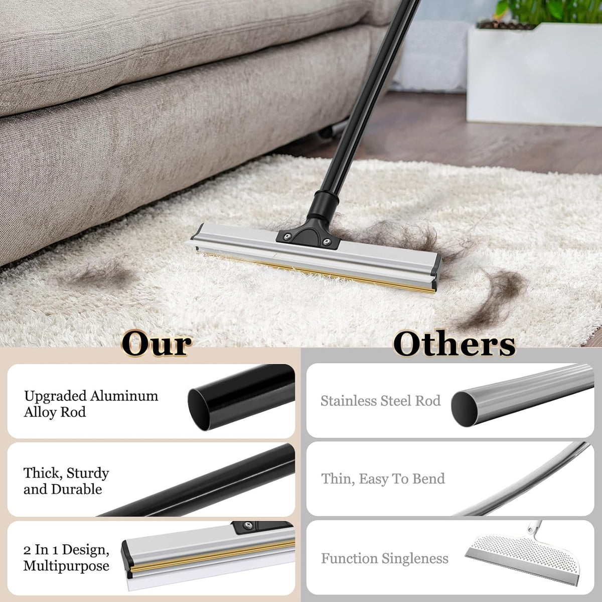 Pet Hair Remover Broom — Long-Handle Reusable Fur & Lint Rake