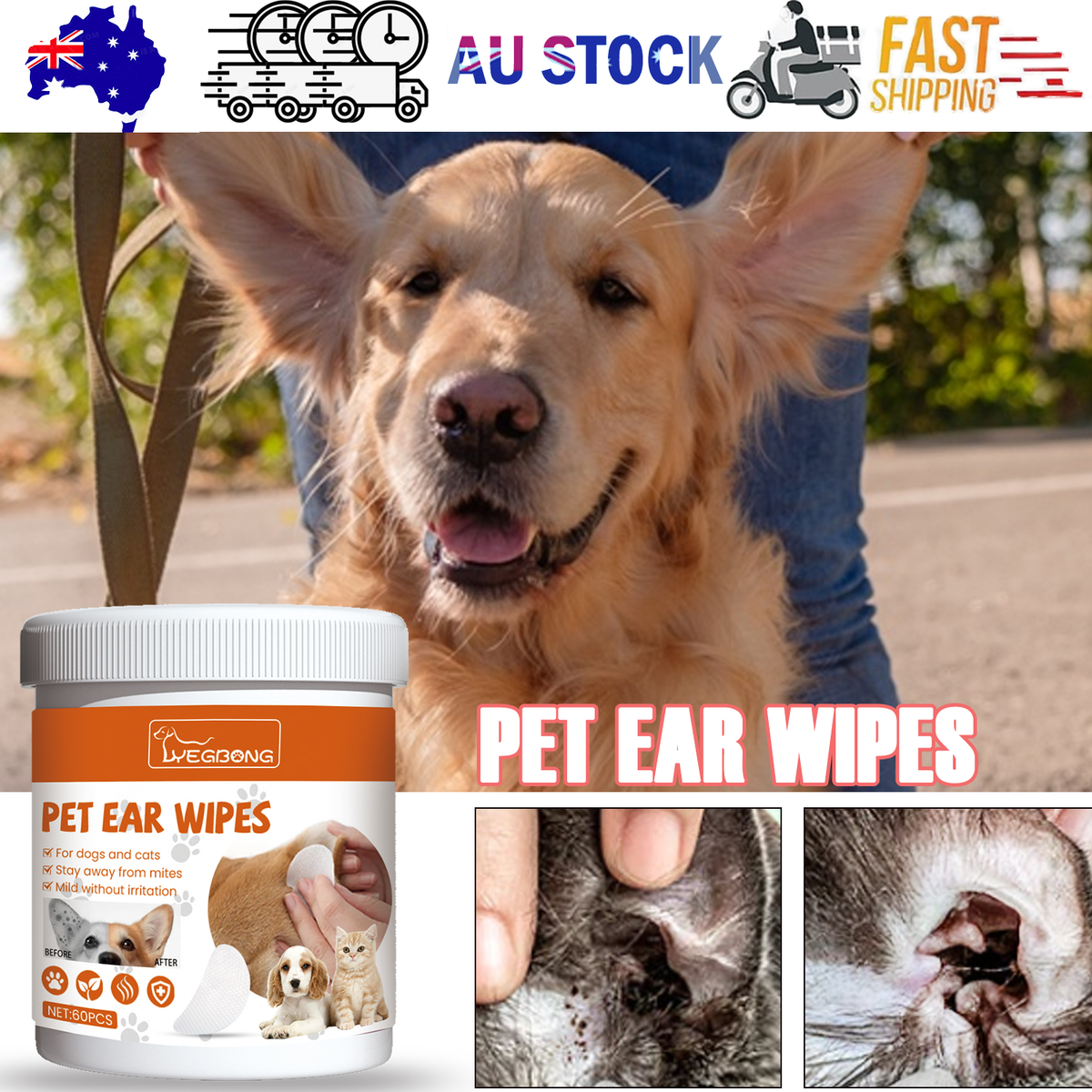 Pet Ear Cleaning Wipes — Gentle Deodorising Wipes for Dogs & Cats